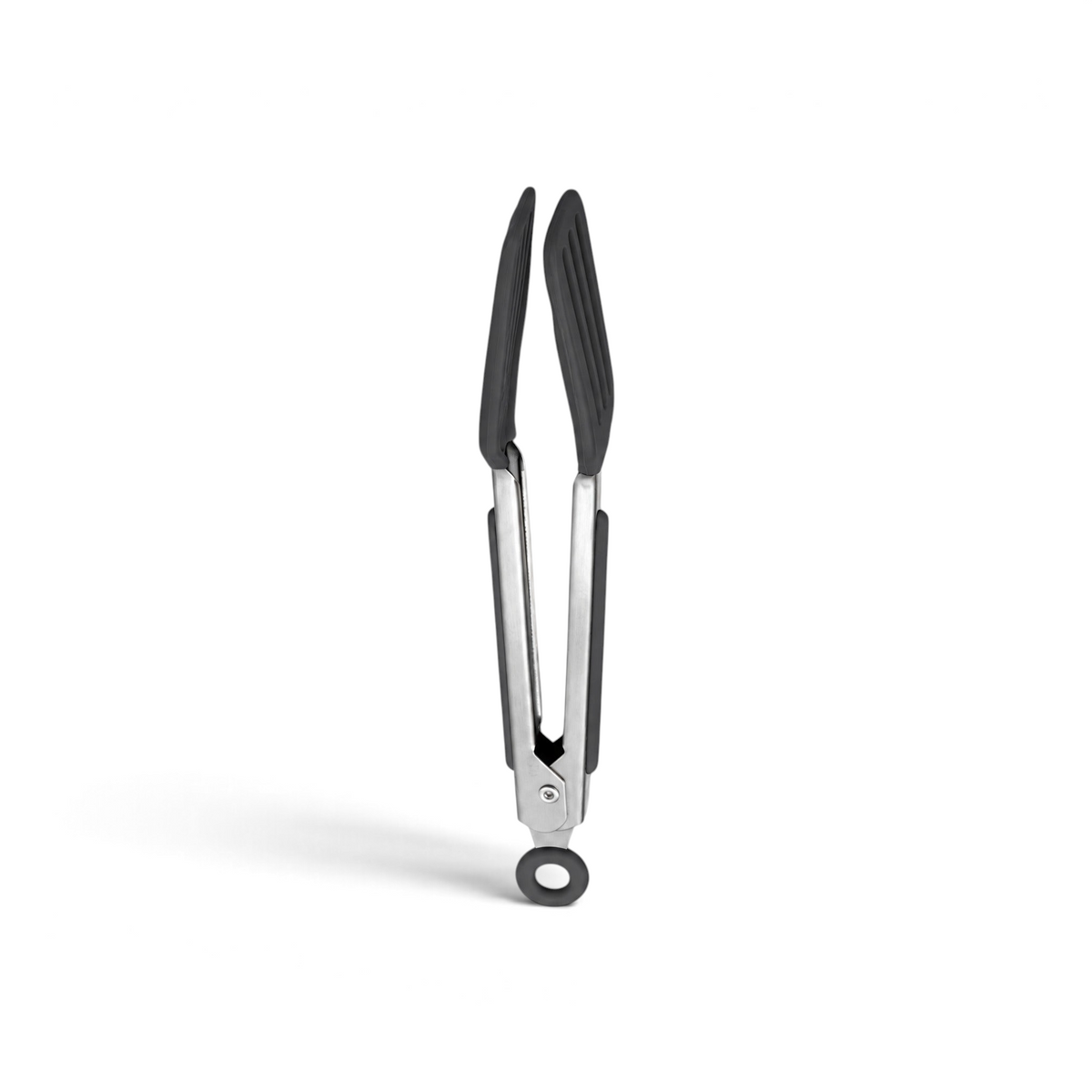 Tovolo Mini Turner Tongs with grey silicone heads and stainless steel arms featuring a locking pull ring
