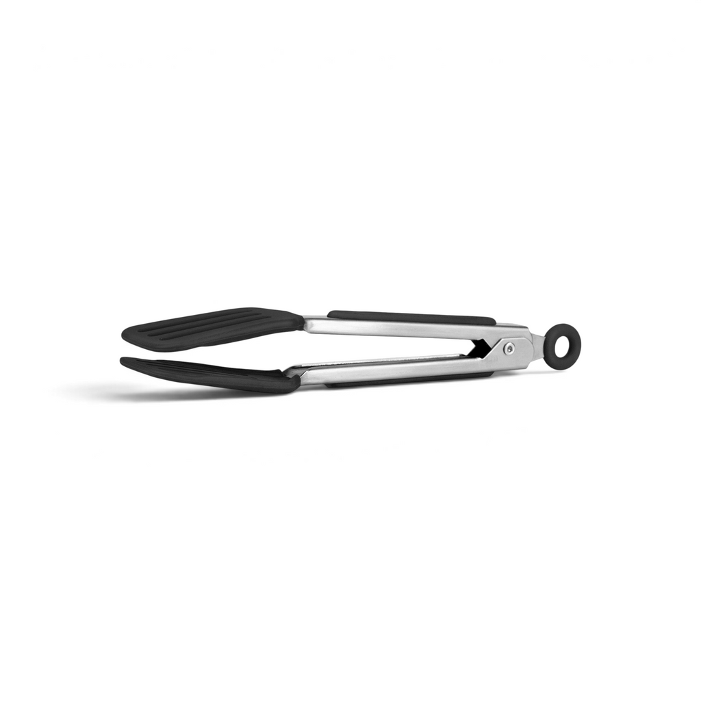 Mini Turner Tongs feature black silicone grips on the handles and tips and a locking mechanism, making them perfect for precise kitchen tasks. These compact tongs are an essential tool for any kitchen.