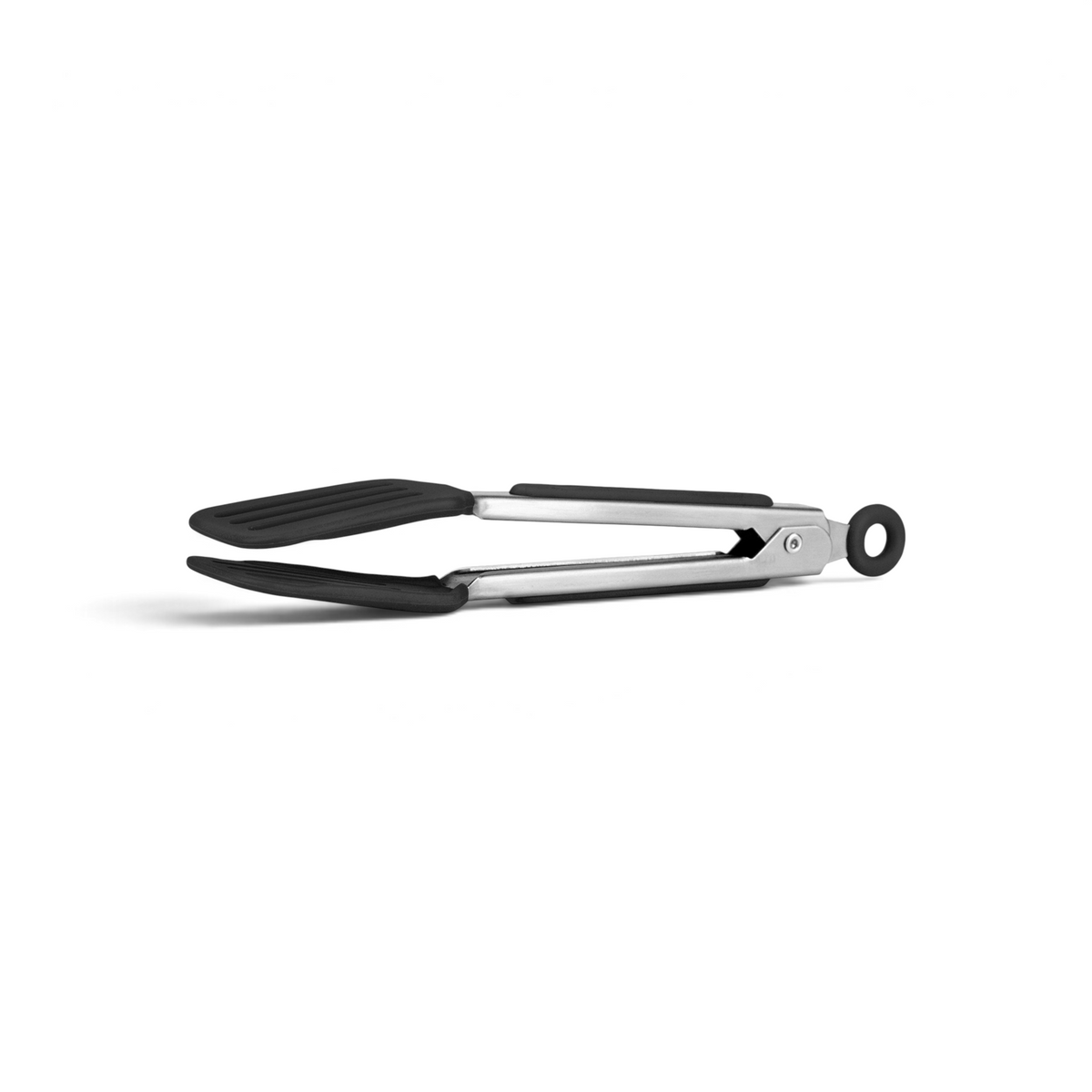 Mini Turner Tongs feature black silicone grips on the handles and tips and a locking mechanism, making them perfect for precise kitchen tasks. These compact tongs are an essential tool for any kitchen.
