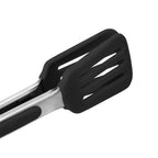 Close-up of the black silicone grips on Mini Turner Tongs, featuring slotted tips and sleek metal arms, set against a white background.