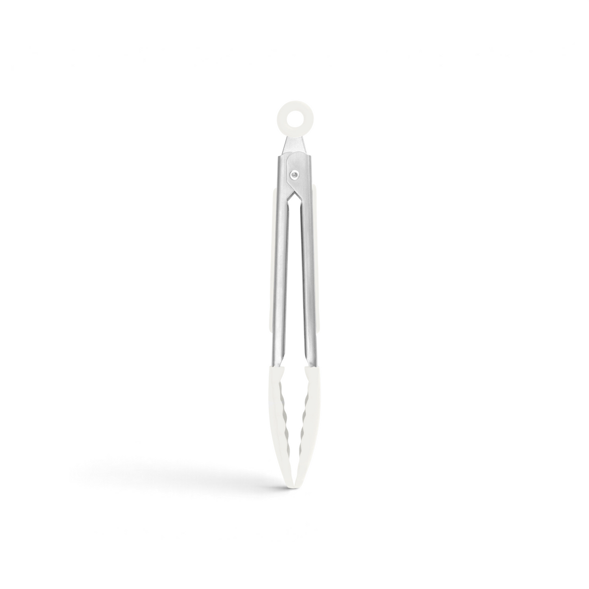 Mini Tongs with white silicone grips and a locking mechanism at the handle, shown on a white background.
