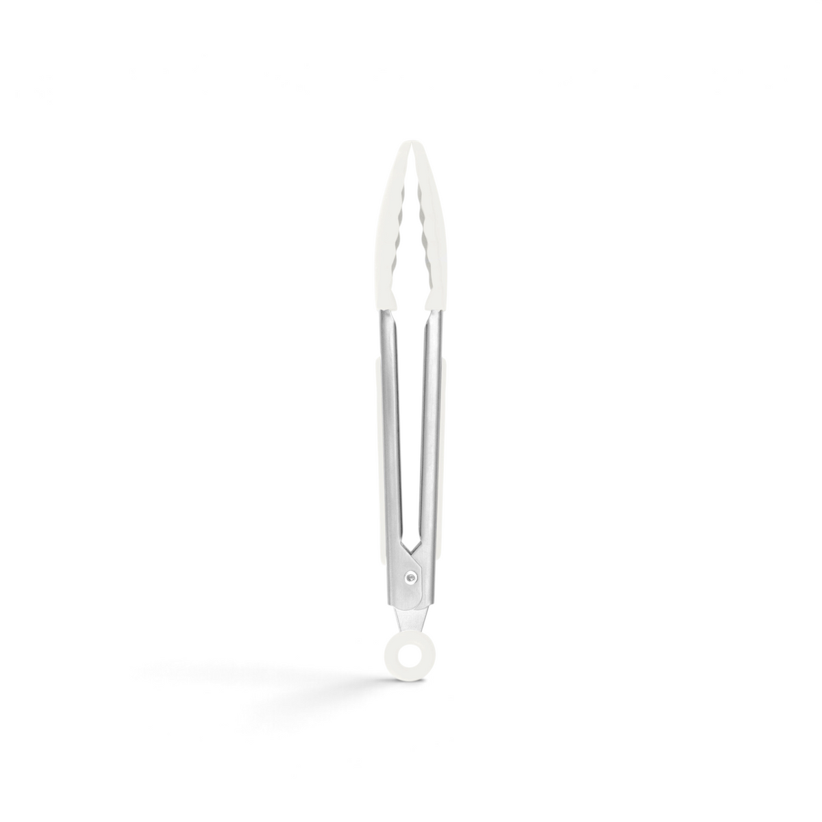 Mini Tongs with white silicone grips and a locking mechanism at the handle, shown on a white background.