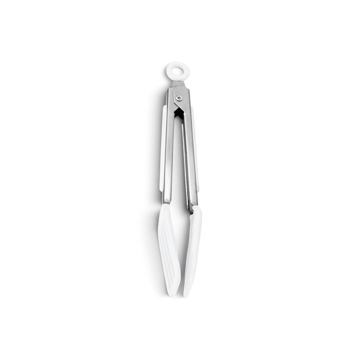 Mini Turner Tongs: Compact tongs with white silicone grips, ideal for precise kitchen tasks. Shown on a plain white background.