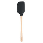 The Flex-Core Spatula features a black, flexible silicone head and a light wooden handle, combining durability with style. Shown on a white background.