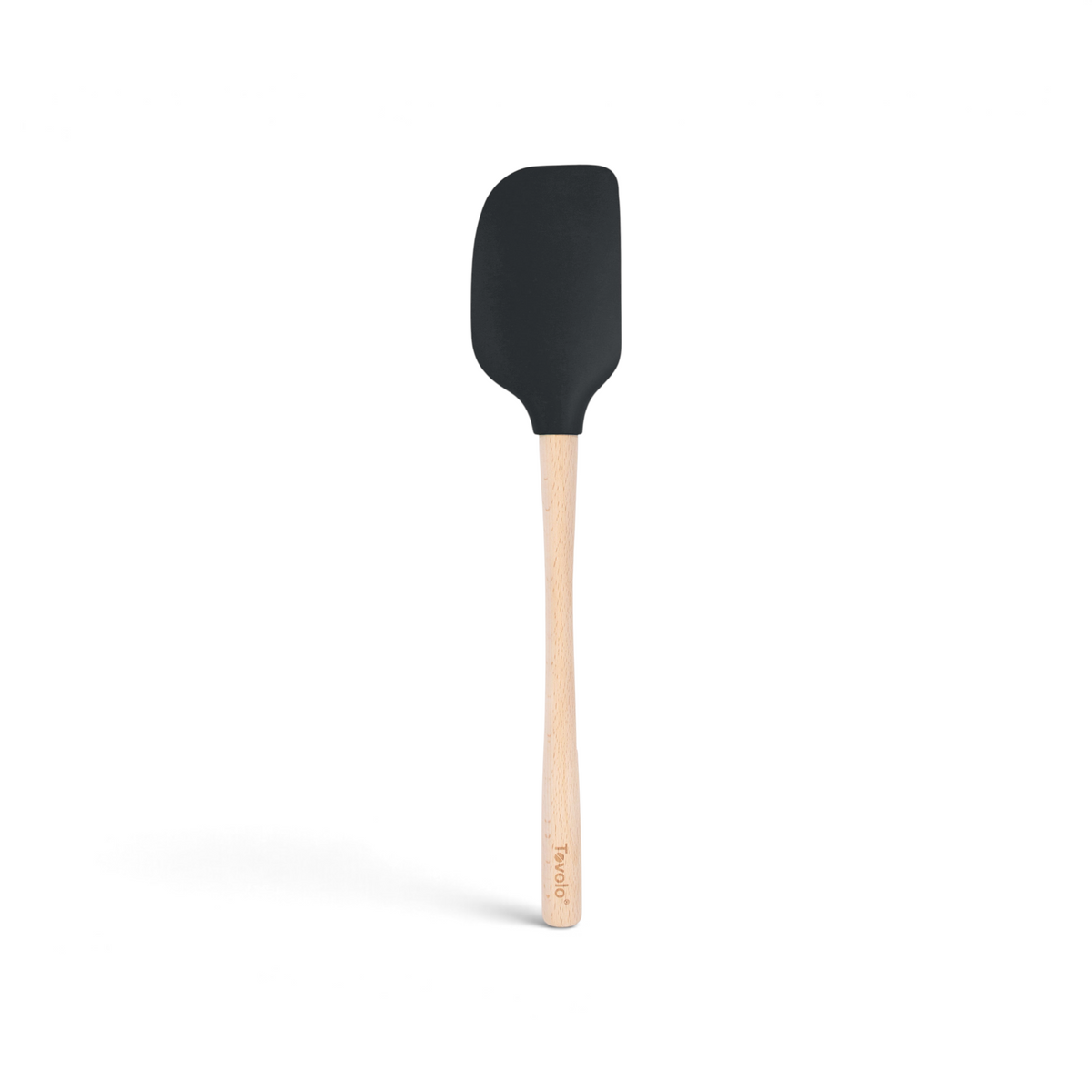 The Flex-Core Spatula features a black, flexible silicone head and a light wooden handle, combining durability with style. Shown on a white background.