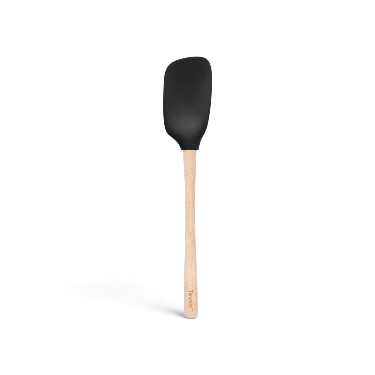 The tovolo Flex-Core Silicone Spoonula features a black, rounded rectangular silicone head and a light wooden handle, shown on a white background.