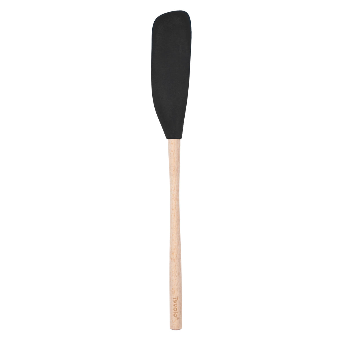 The tovolo Flex-Core Silicone Jar Scraper has a long, lightweight wooden handle and a flexible black rectangular head—ideal for scraping jars and versatile kitchen tasks.