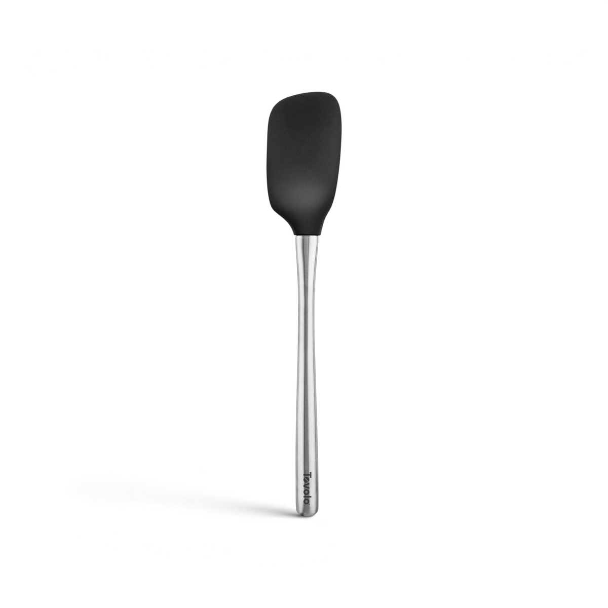 A black Flex-Core Silicone Spoonula by tovolo, featuring a long stainless steel handle, is displayed against a white background. The versatile tool is ideal for mixing or scraping ingredients. The tovolo brand name appears near the end.