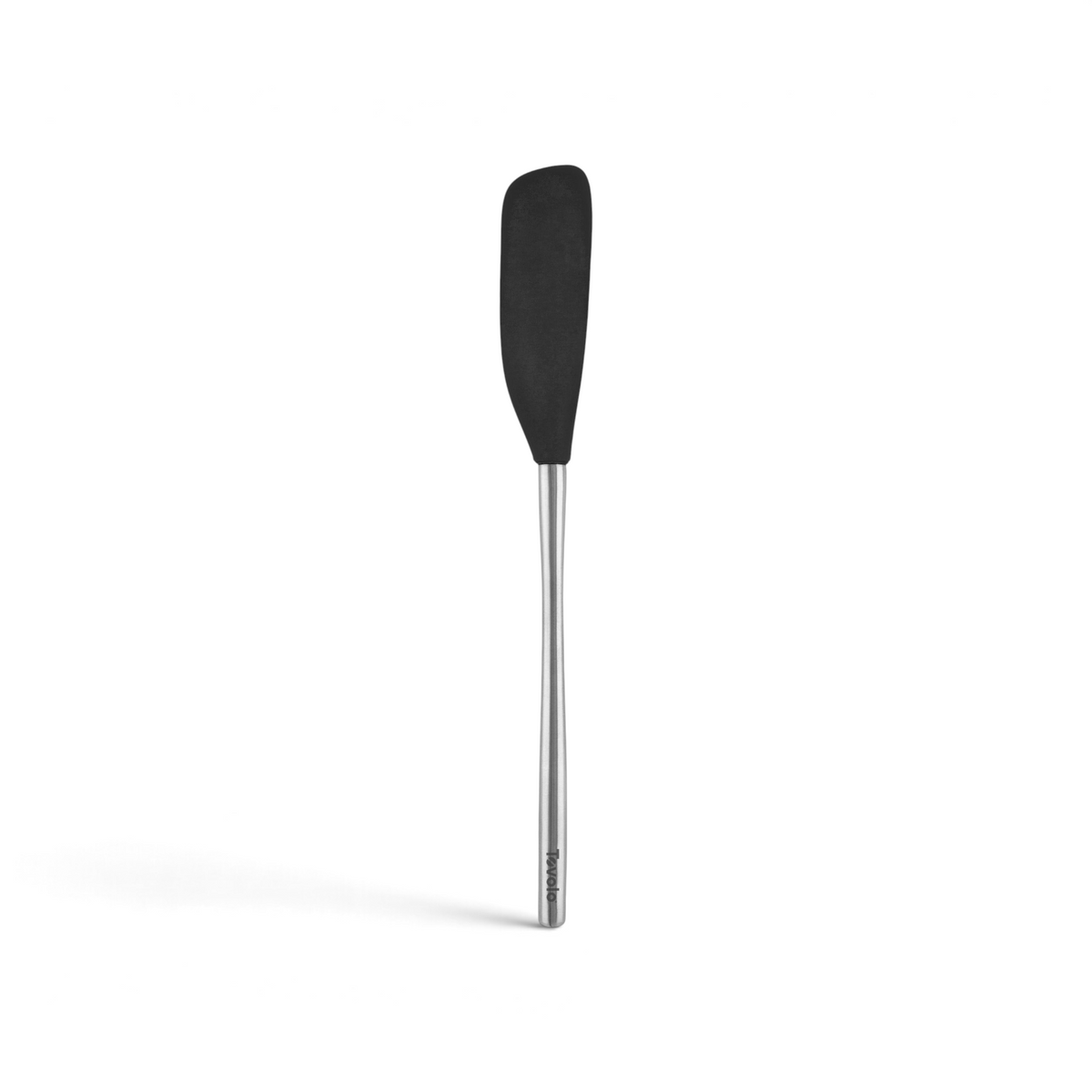 The tovolo Flex-Core Silicone Jar Scraper features a black silicone head and a long stainless steel handle; this versatile kitchen tool is shown on a white background.
