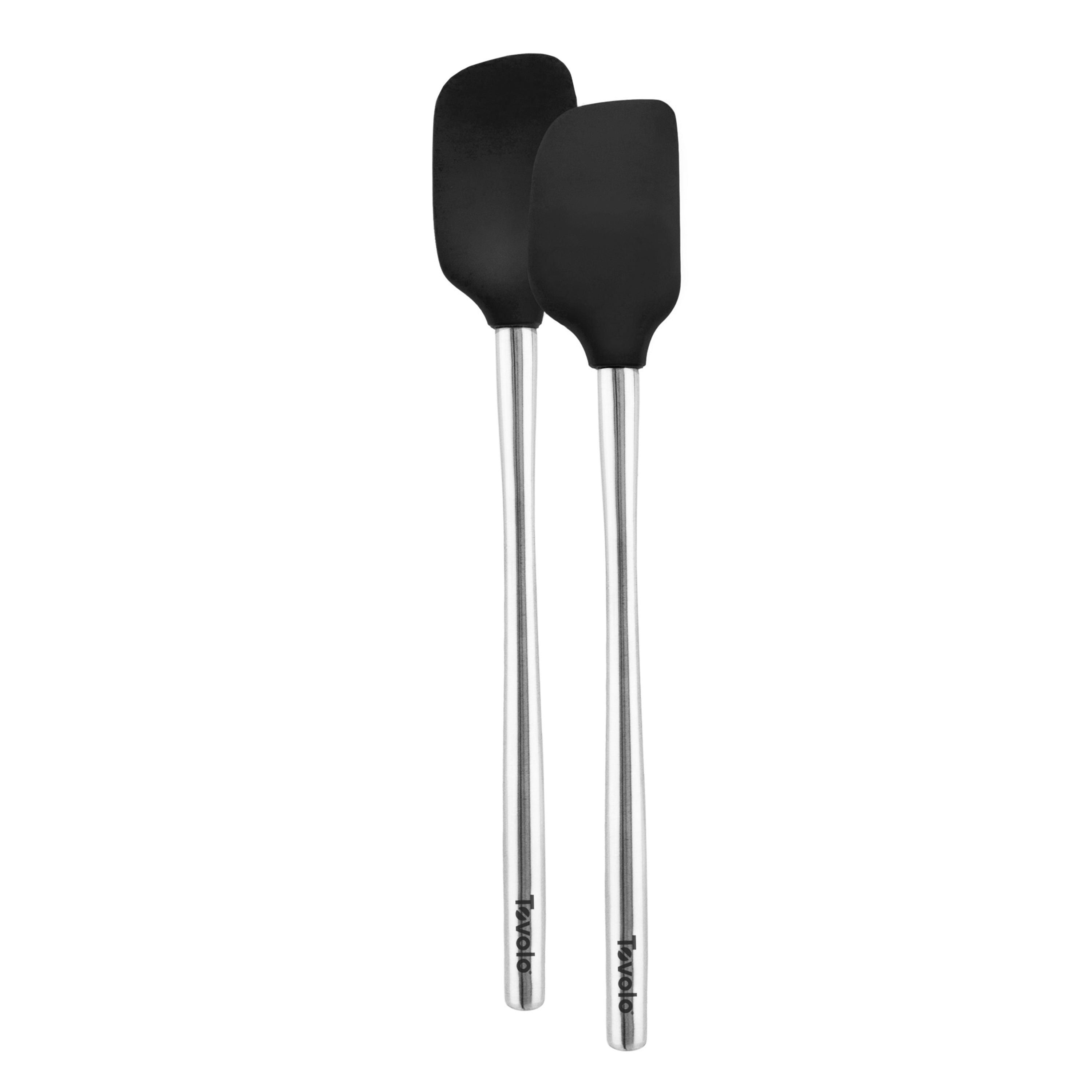 The tovolo Flex-Core Mini Spatula + Spoonula with Stainless Steel Handles are shown side by side on a white background. Each black silicone tool features the tovolo logo near the end of its silver handle.
