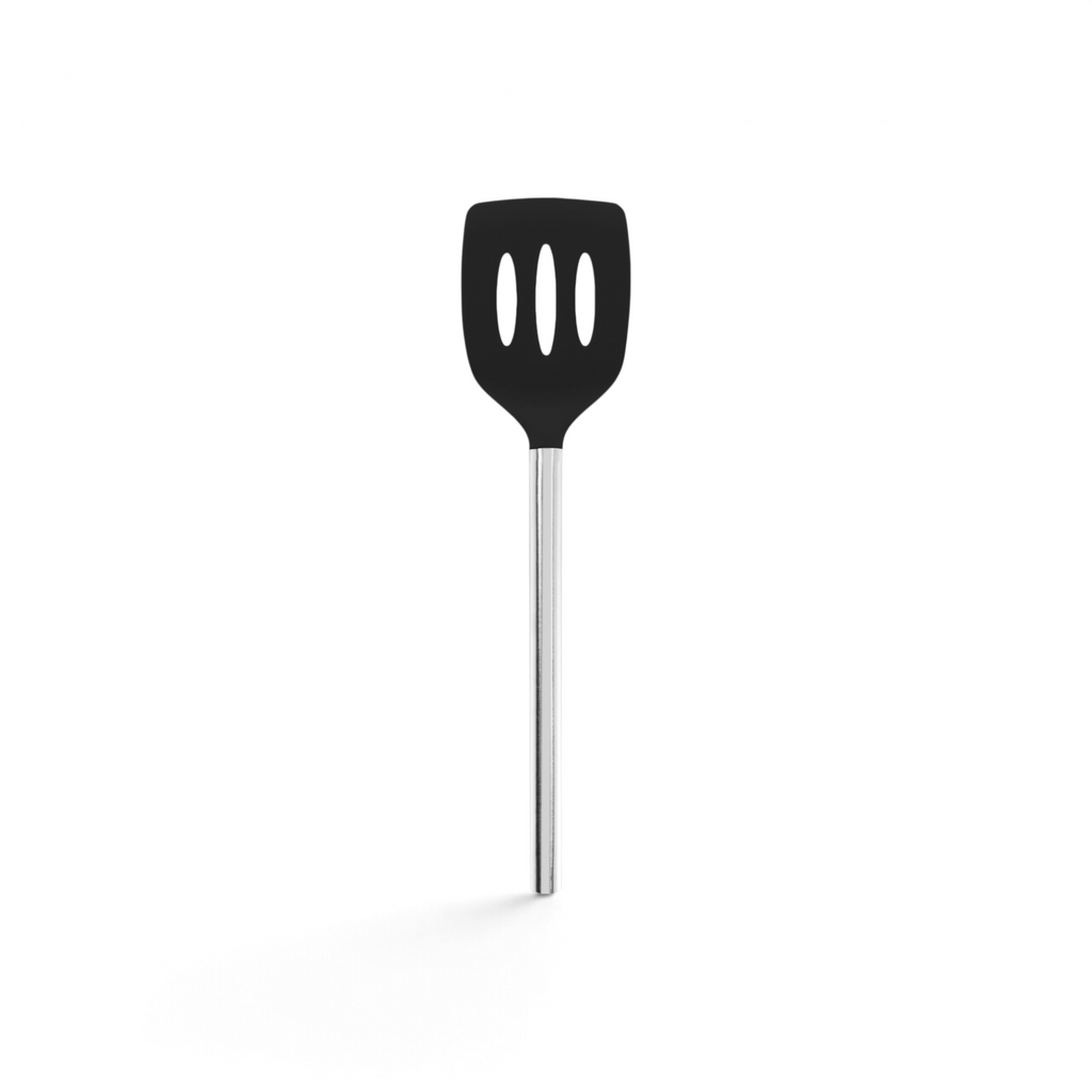 The tovolo Silicone and Stainless Steel Slotted Turner, shown on a white background, features a nonstick-safe silicone head with three oval slots for easy draining and a durable stainless steel handle.