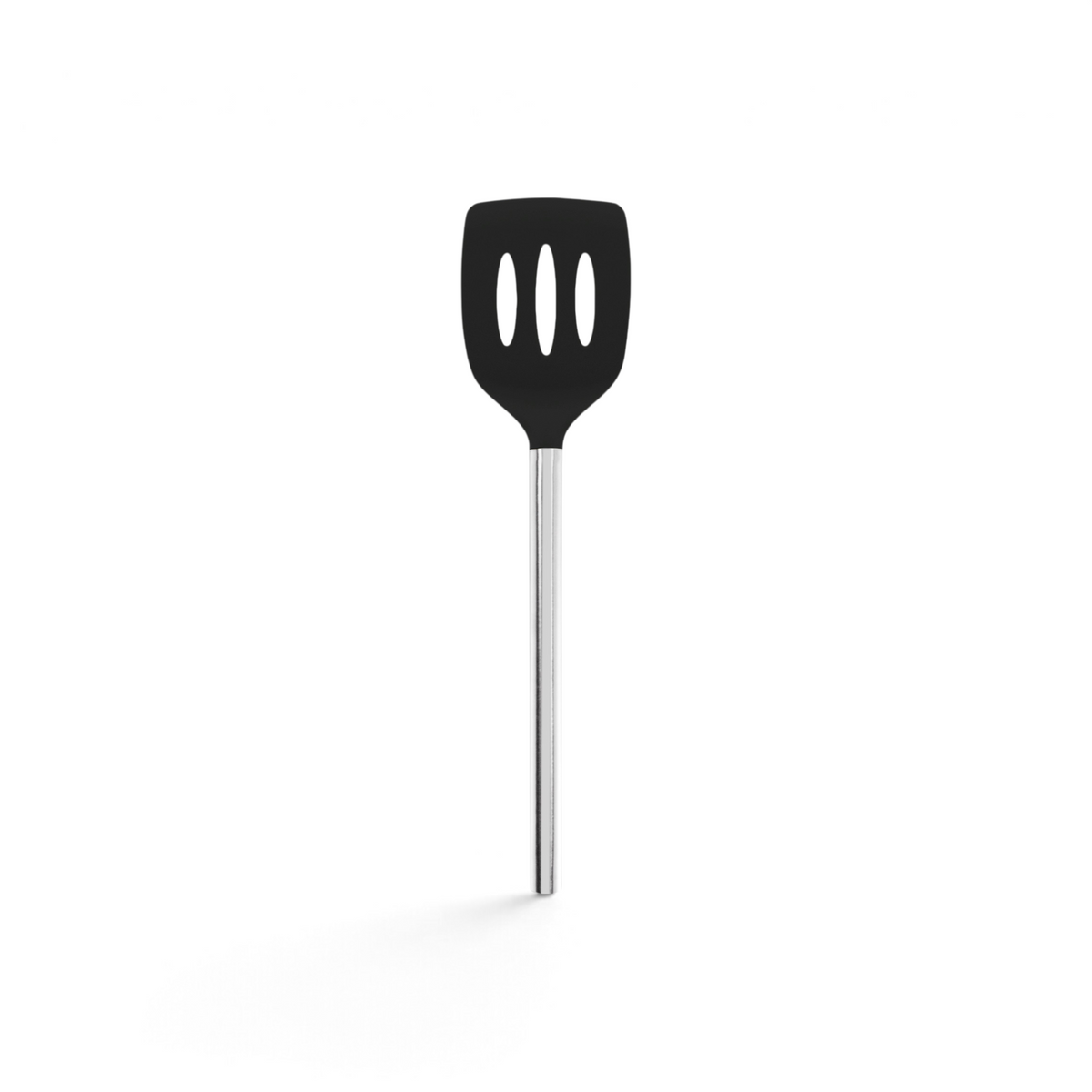 The tovolo Silicone and Stainless Steel Slotted Turner, shown on a white background, features a nonstick-safe silicone head with three oval slots for easy draining and a durable stainless steel handle.