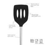 The tovolo Silicone and Stainless Steel Slotted Turner features a tapered edge, nonstick-safe slotted silicone head, durable build, and sleek stainless handle. Icons show it’s BPA free, food safe, and dishwasher safe.