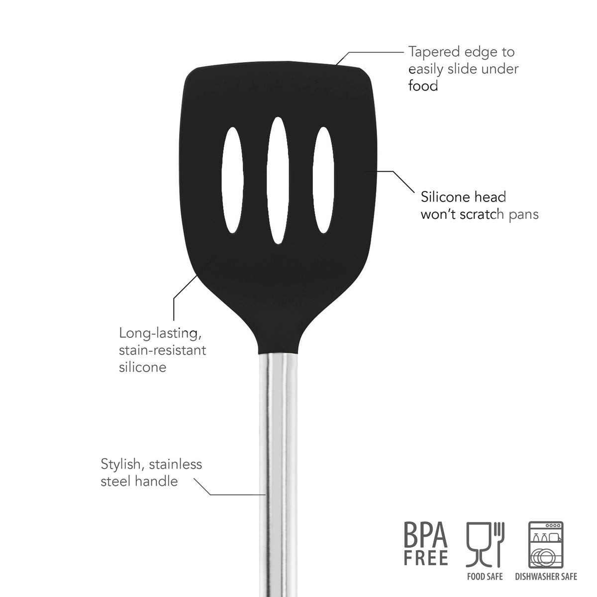The tovolo Silicone and Stainless Steel Slotted Turner features a tapered edge, nonstick-safe slotted silicone head, durable build, and sleek stainless handle. Icons show it’s BPA free, food safe, and dishwasher safe.