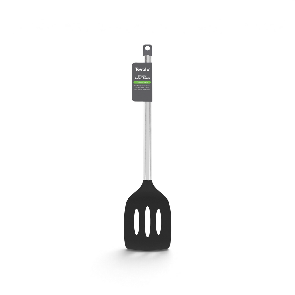 The tovolo Silicone and Stainless Steel Slotted Turner features a black and silver design, a long handle, and a rectangular head with three oval slots. It's nonstick safe, with a product tag near the top of the handle.