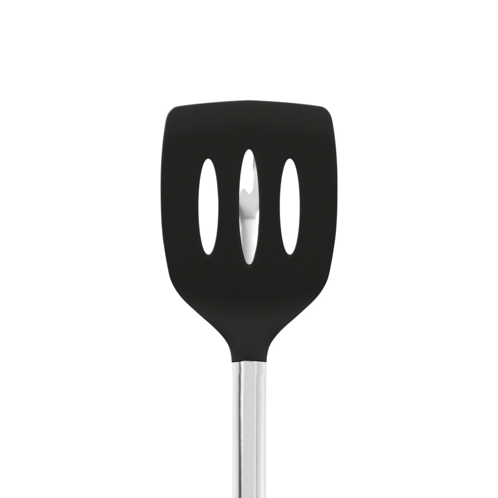 The tovolo Silicone and Stainless Steel Slotted Turner features a black silicone head with three oval slots and a silver handle, designed to be nonstick safe and is displayed against a white background.
