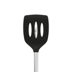 The tovolo Silicone and Stainless Steel Slotted Turner features a black silicone head with three oval slots and a silver handle, designed to be nonstick safe and is displayed against a white background.