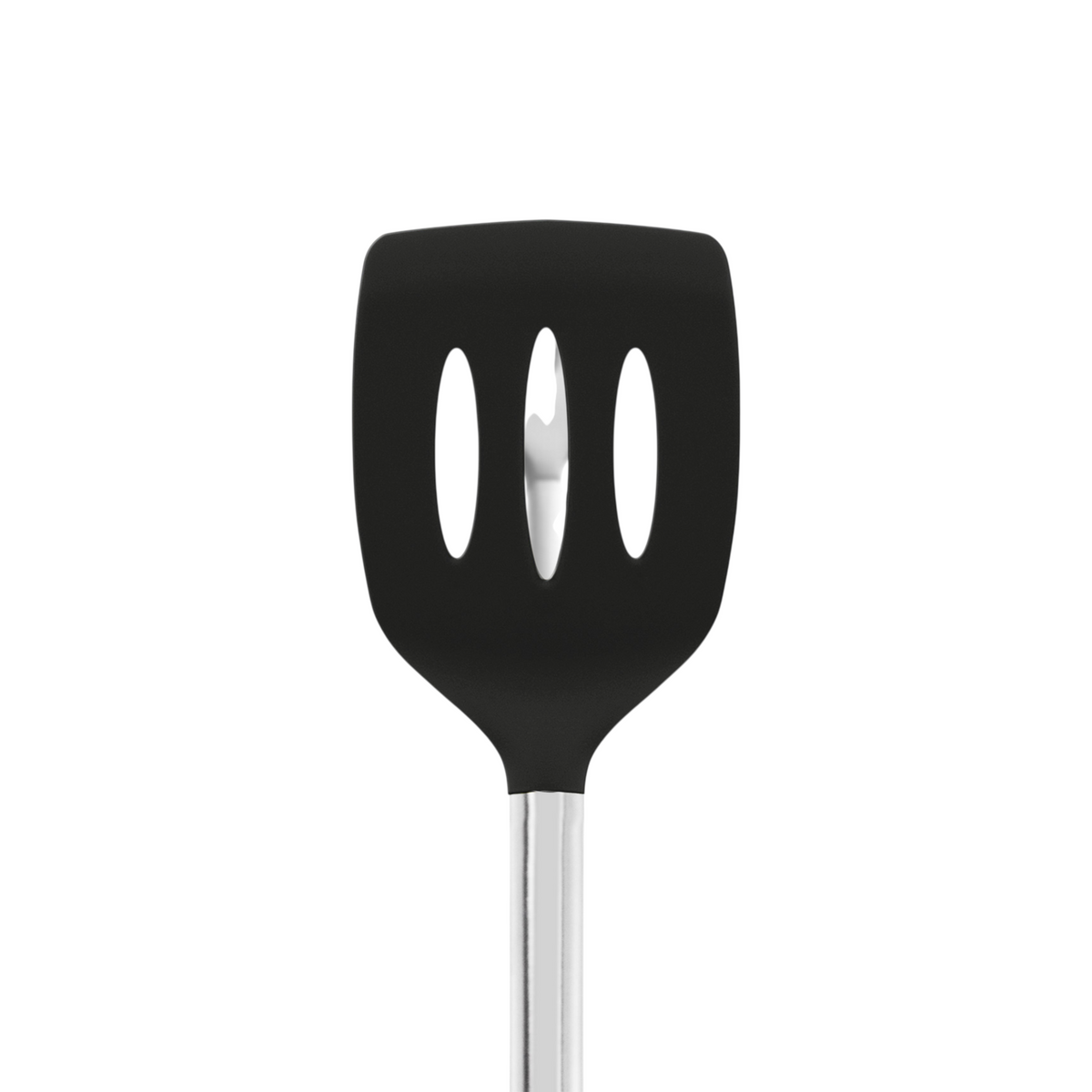The tovolo Silicone and Stainless Steel Slotted Turner features a black silicone head with three oval slots and a silver handle, designed to be nonstick safe and is displayed against a white background.