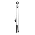 Tip Top Tongs feature a stainless steel handle, black silicone tips, and a secure locking mechanism. This pair of kitchen tongs stands upright against a white background.