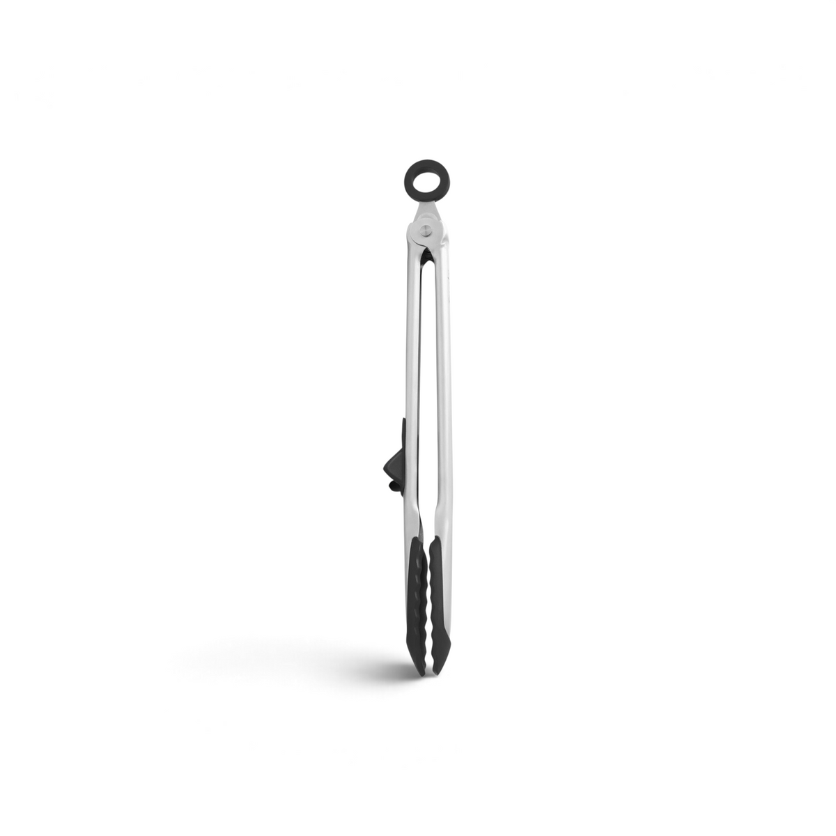 Tip Top Tongs feature a stainless steel handle, black silicone tips, and a secure locking mechanism. This pair of kitchen tongs stands upright against a white background.