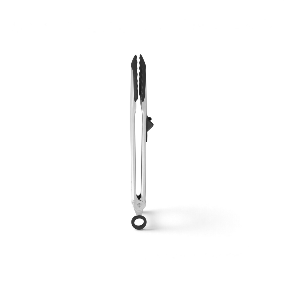 Tip Top Tongs feature a stainless steel handle, black silicone tips, and a secure locking mechanism. This pair of kitchen tongs stands upright against a white background.