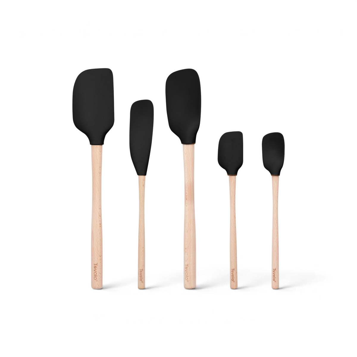 Five Flex-Core Wood-Handle Spatulas with black silicone heads are arranged upright in a row against a white background.