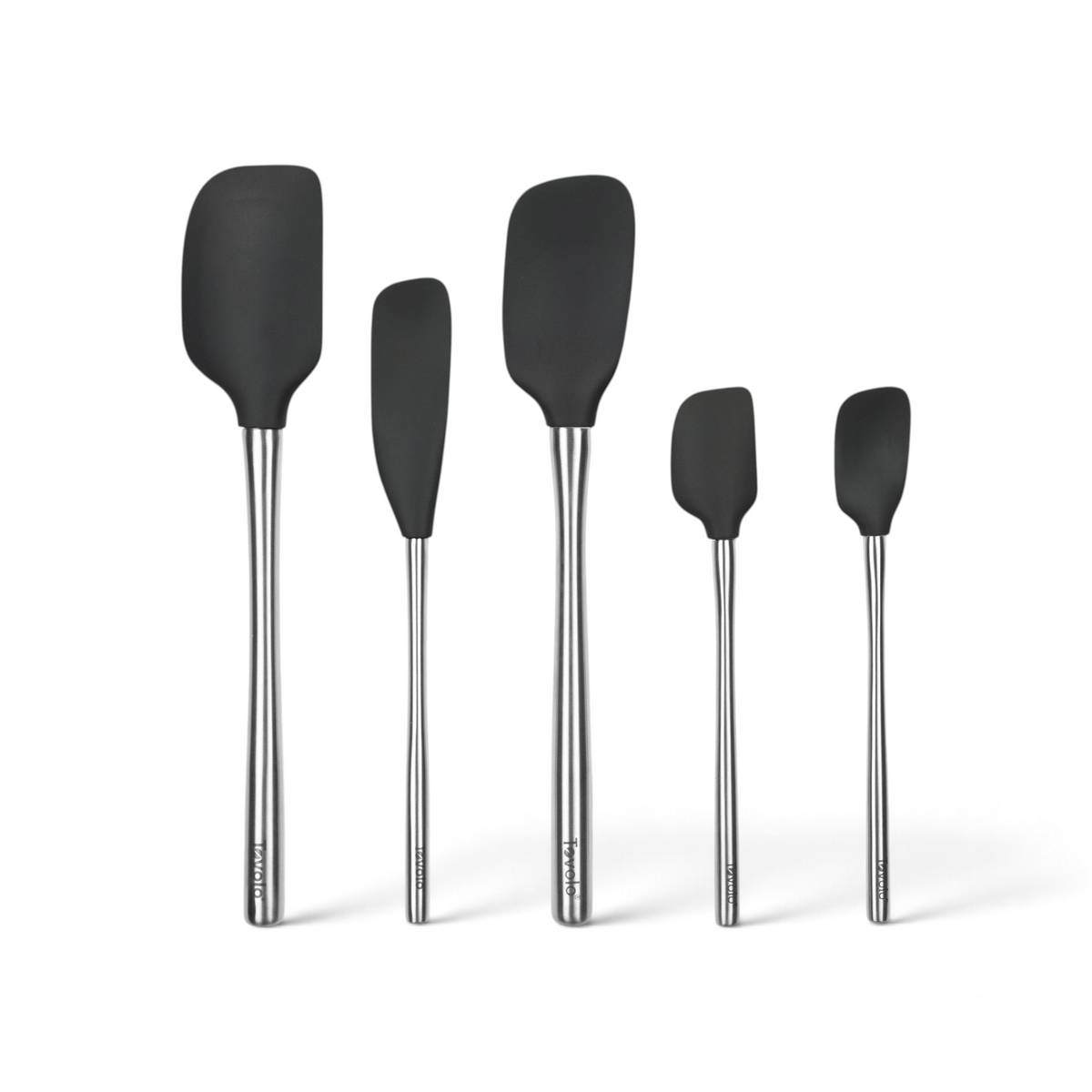 The Flex-Core All-Silicone Spatula Set of 5 features sleek black spatulas in various sizes, arranged upright against a white background—perfect for all your classic spatula or jar scraping needs.