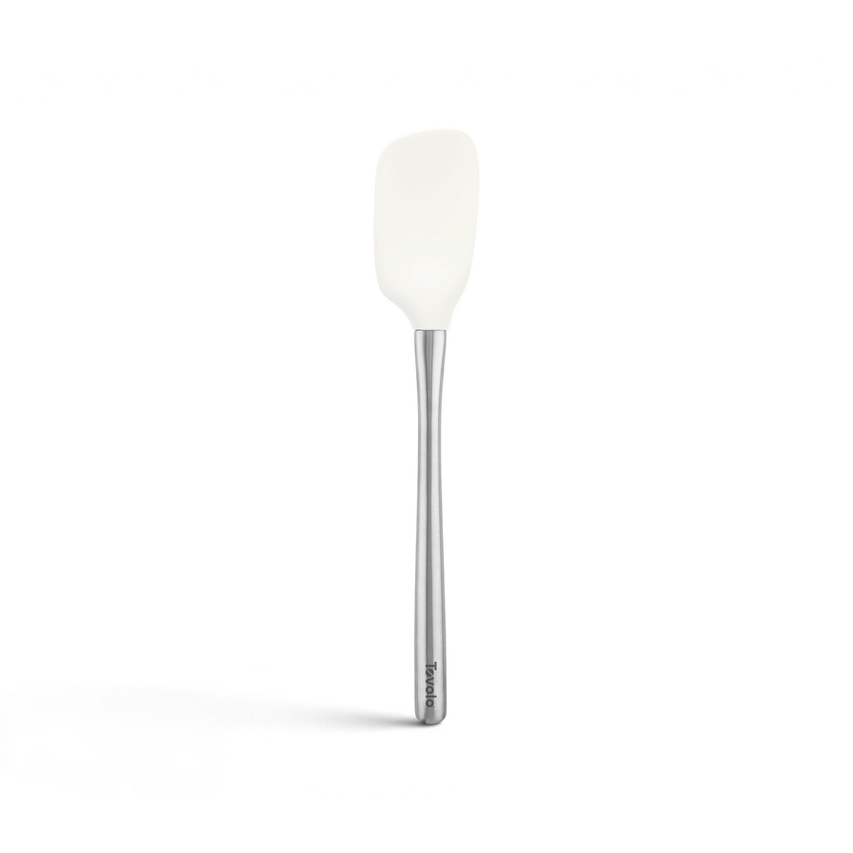 The tovolo Flex-Core Silicone Spoonula, featuring a long stainless steel handle, is displayed on a plain white background.