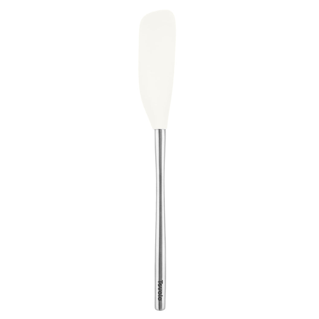 The Flex-Core Jar Scraper is a versatile kitchen tool with a white flexible silicone head and a long stainless steel handle, perfect for scraping jars. Shown on a plain white background.