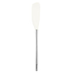 The Flex-Core Jar Scraper is a versatile kitchen tool with a white flexible silicone head and a long stainless steel handle, perfect for scraping jars. Shown on a plain white background.