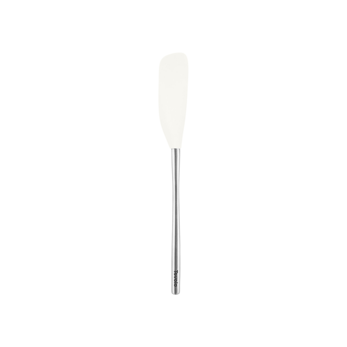 The tovolo Flex-Core Silicone Jar Scraper is a versatile kitchen tool with a white flexible blade and a long, slim stainless steel handle, ideal for scraping jars and more.
