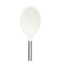 A plain white circular sign on a gray metal pole recalls the sleek design of the Silicone Mixing Spoon, featuring a smooth silicone head and a stainless steel handle, isolated against a white background.