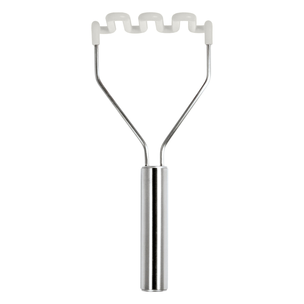 The Silicone Potato Masher features a stainless steel handle and a wavy, white silicone head, displayed on a plain white background.
