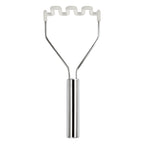 The Silicone Potato Masher features a stainless steel handle and a wavy, white silicone head, displayed on a plain white background.