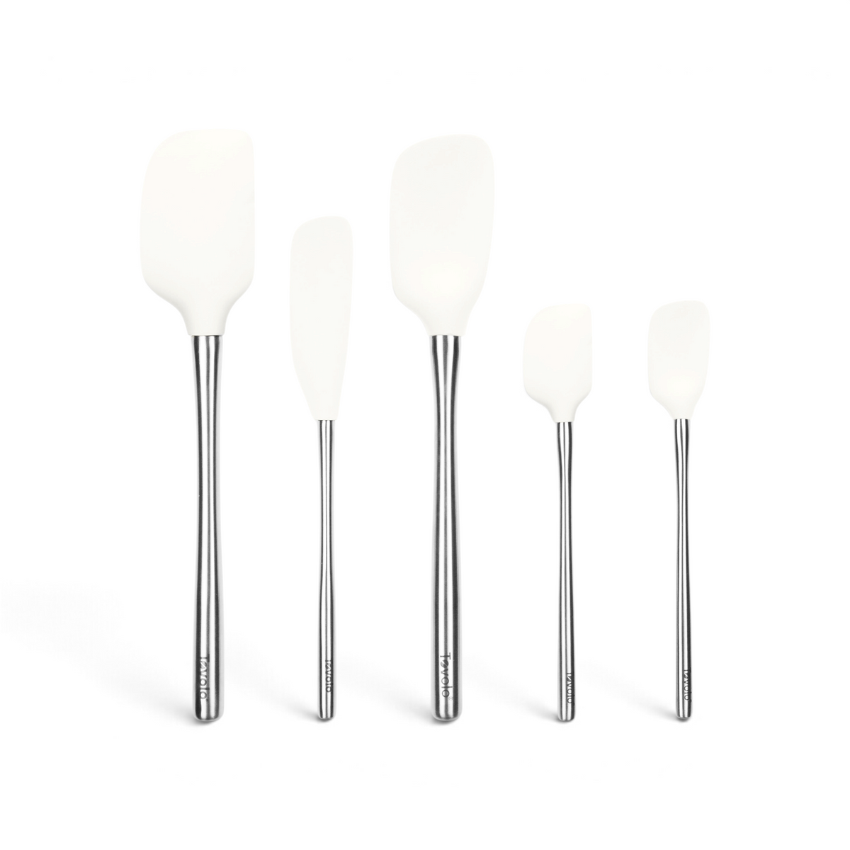 The Flex-Core All-Silicone Spatula Set of 5, each featuring a white flexible head, is displayed upright in a row on a white background.
