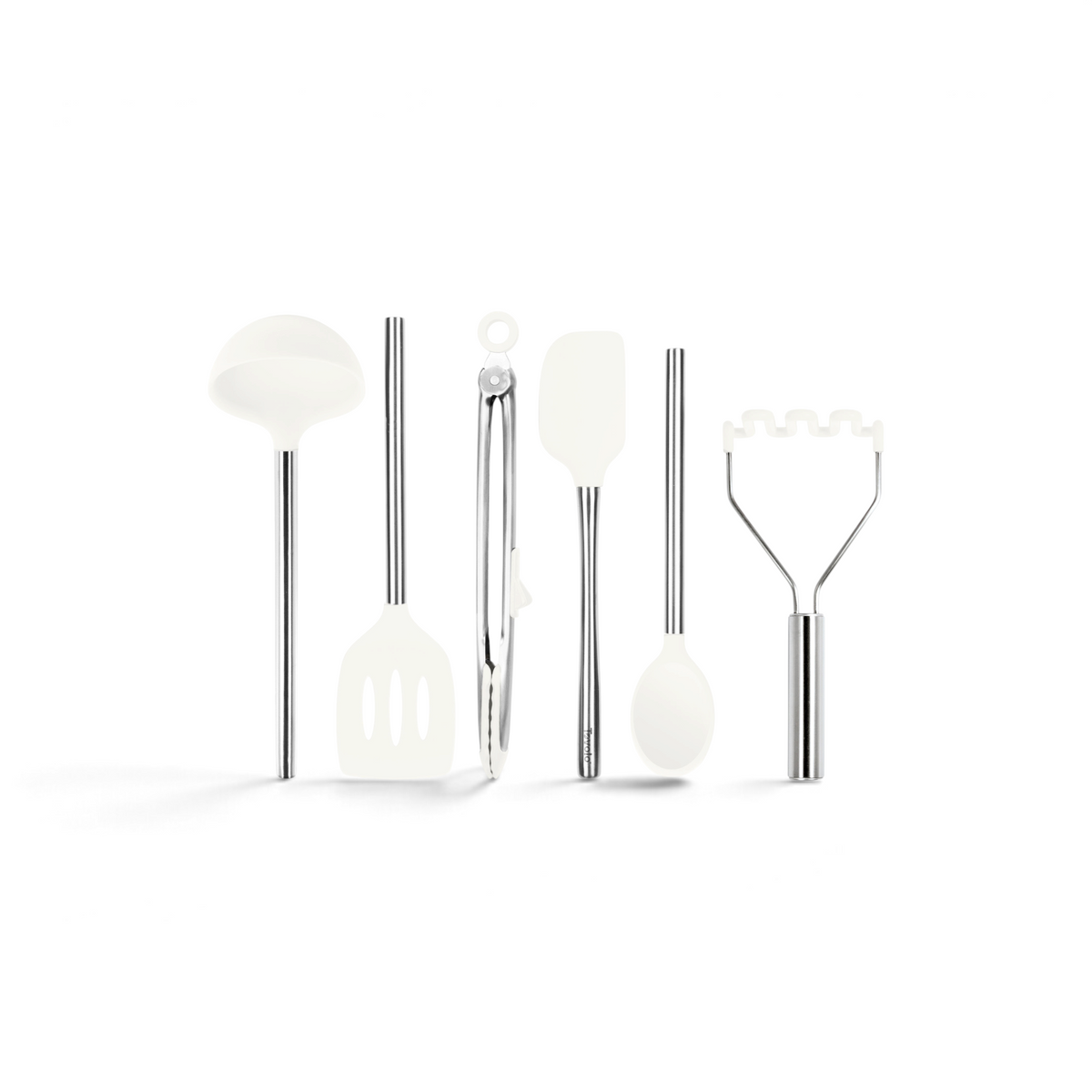 The tovolo Silicone and Stainless Steel Utensil Set of 6 features white, non-scratch silicone heads—ladle, slotted spatula, tongs, spatula, spoon, and potato masher—arranged on a white background. Heat resistant for safe cooking.