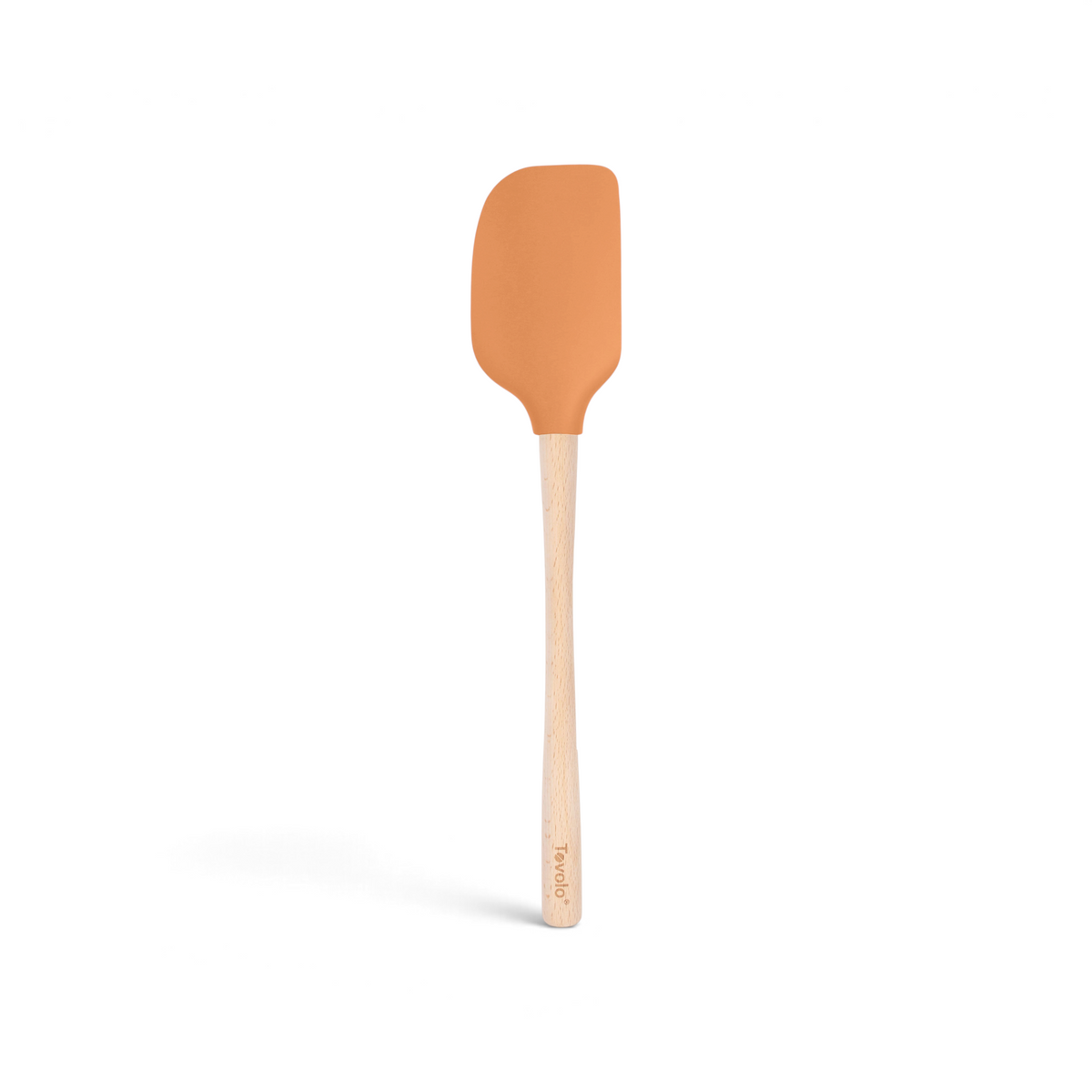 The Flex-Core Spatula features a durable, flexible orange silicone head and a light wooden handle with "Tovolo" printed near the end, displayed against a white background.