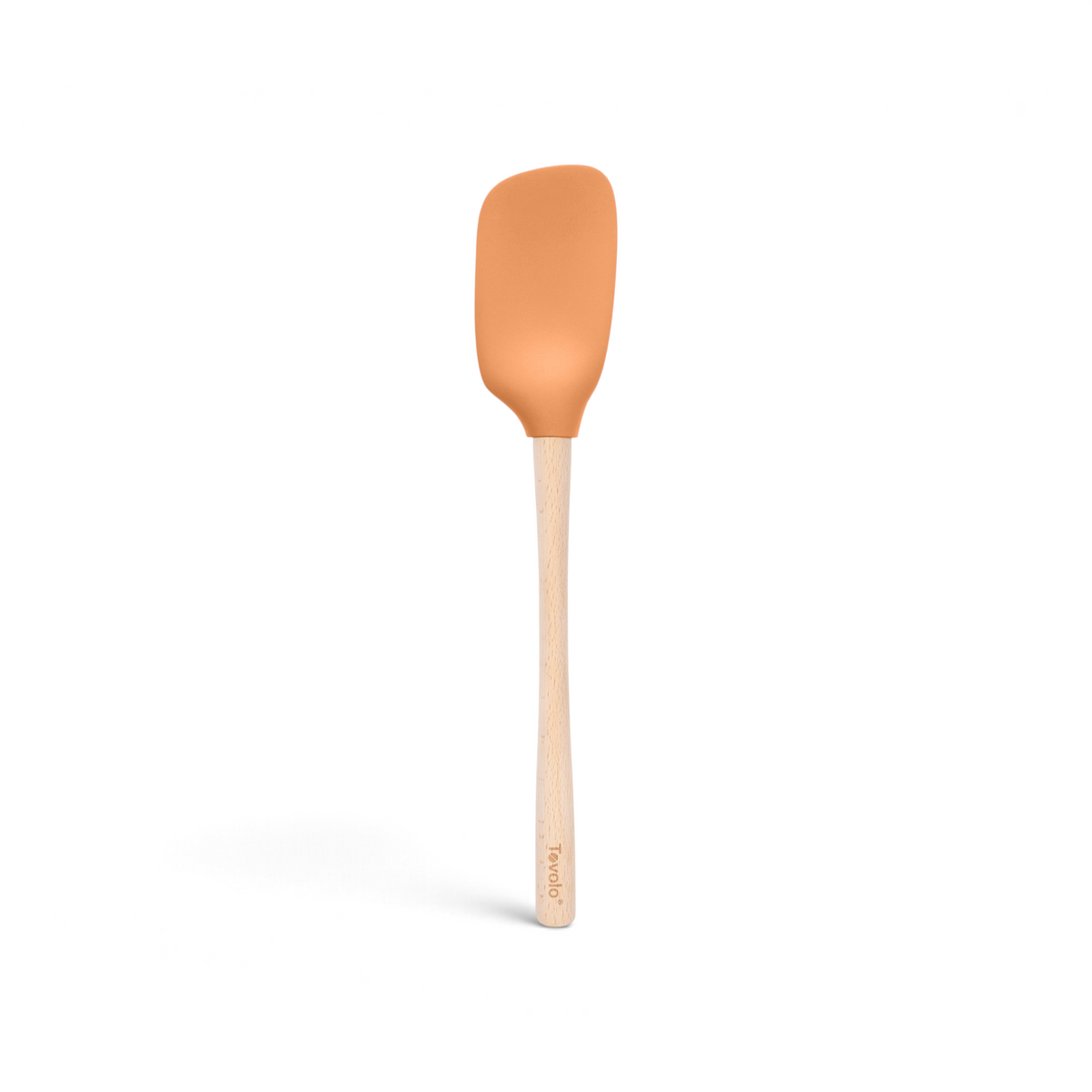 The tovolo Flex-Core Silicone Spoonula features an orange spatula spoon head and a long, light wooden handle, shown against a white background.