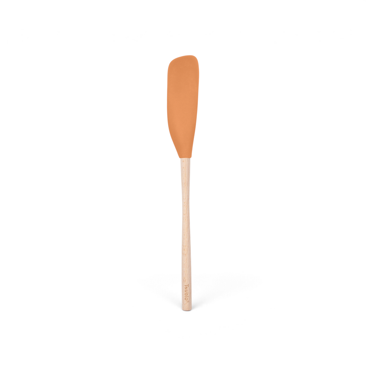 The tovolo Flex-Core Silicone Jar Scraper features a long wooden handle and orange silicone head, making it a versatile tool for mixing or scraping food in bowls, pans, or jars.