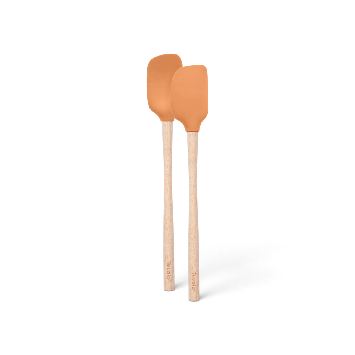 The tovolo Flex-Core Silicone Mini Spatula and Spoonula, both with orange heads and light wooden handles, stand upright side by side against a white background.