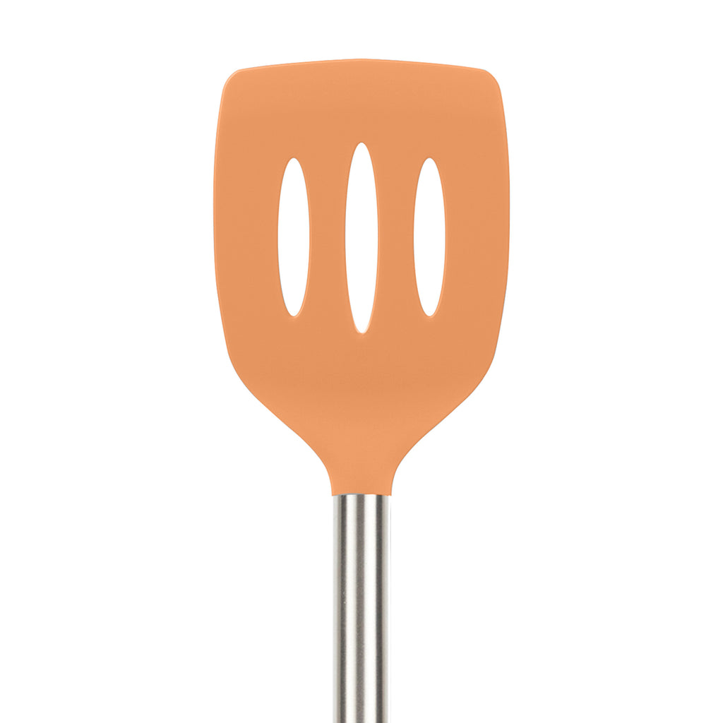 The Silicone Slotted Turner features a nonstick-safe orange silicone slotted spatula head and a stainless steel handle, displayed against a white background.