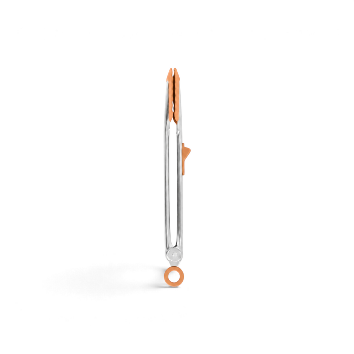 Tovolo Tip Top Tongs in closed position with orange silicone tips and stainless steel frame