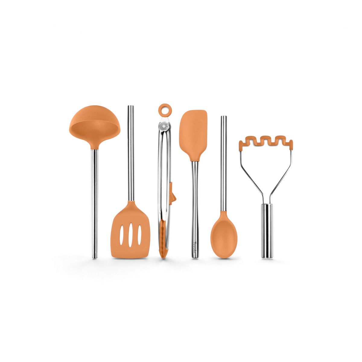 The tovolo Silicone and Stainless Steel Utensil Set of 6 features orange and silver heat-resistant utensils—ladle, slotted spatula, tongs, spoon, and potato masher—arranged vertically on a white background.