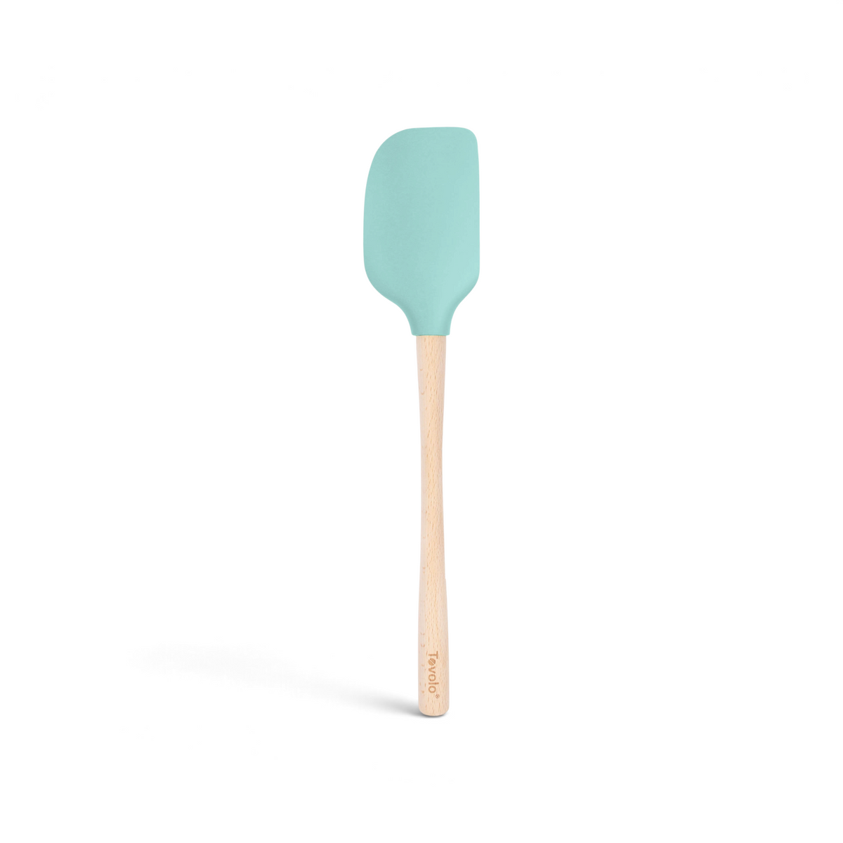 The Flex-Core Spatula features a durable, flexible light blue silicone head and a wooden handle with "Tovolo" printed near the bottom, offering versatile use in your kitchen.