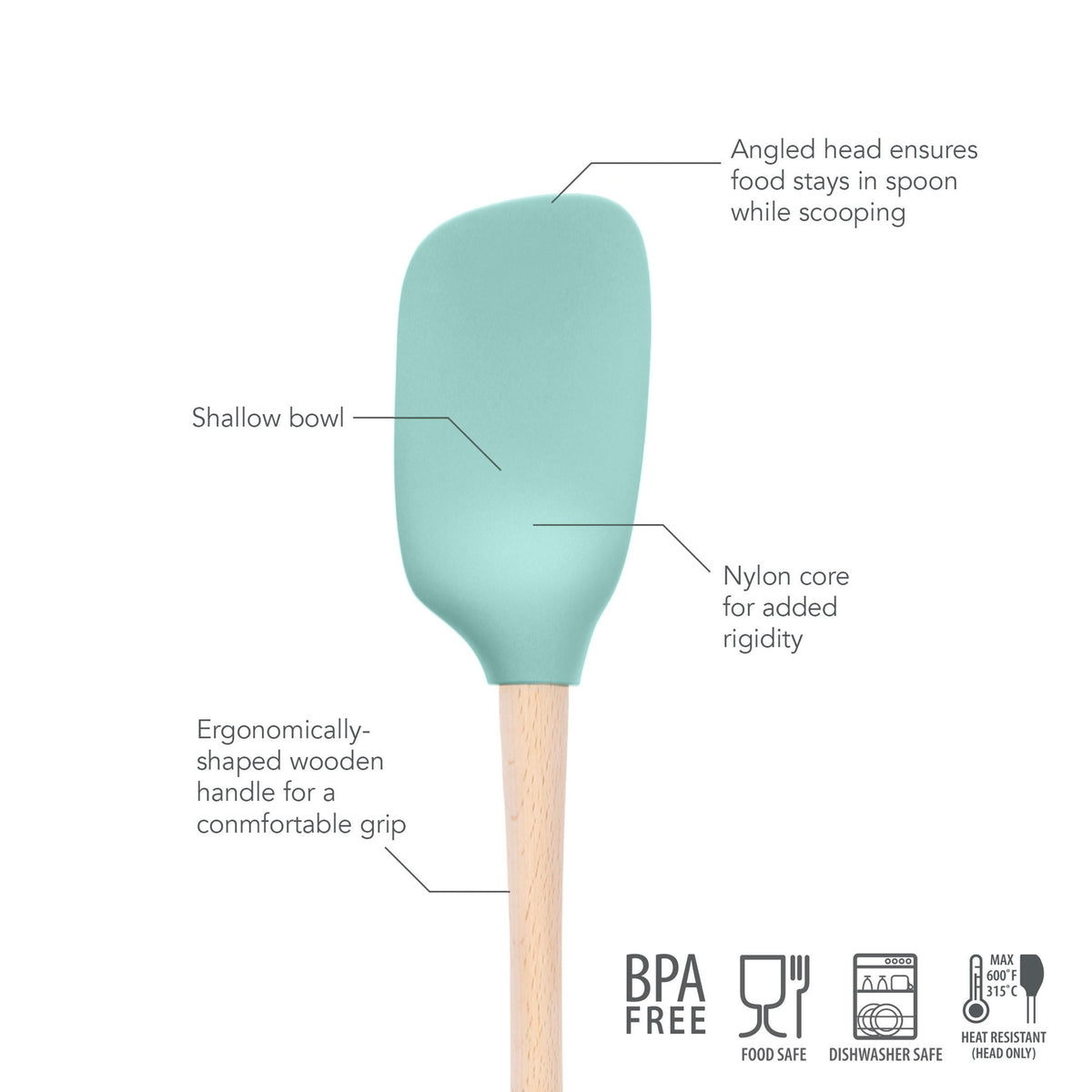 A blue tovolo Flex-Core Silicone Spoonula features an angled head, shallow bowl, nylon core, and ergonomic wooden handle. Icons show it’s BPA free, food safe, dishwasher safe, and heat resistant.