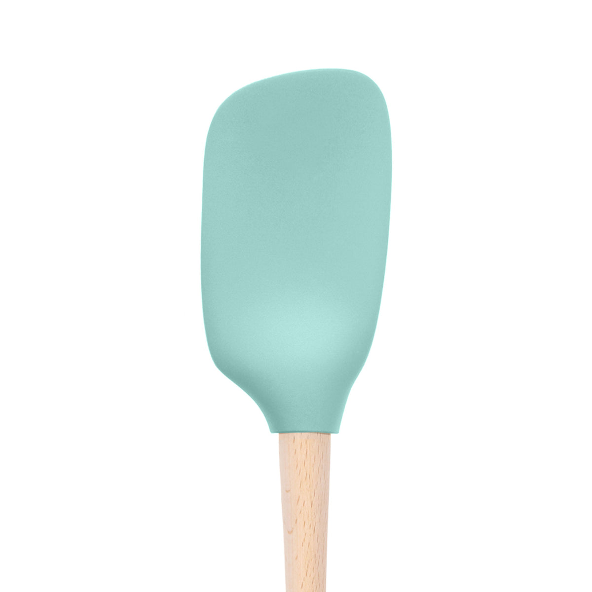 The tovolo Flex-Core Silicone Spoonula, featuring a light blue silicone head and a wooden handle, is displayed against a white background.