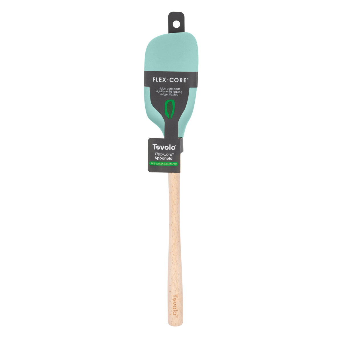 A teal tovolo Flex-Core Silicone Spoonula features a wooden handle engraved with the brand name. The packaging highlights its flexibility and durability, making it perfect for any spatula or spoon task in the kitchen.