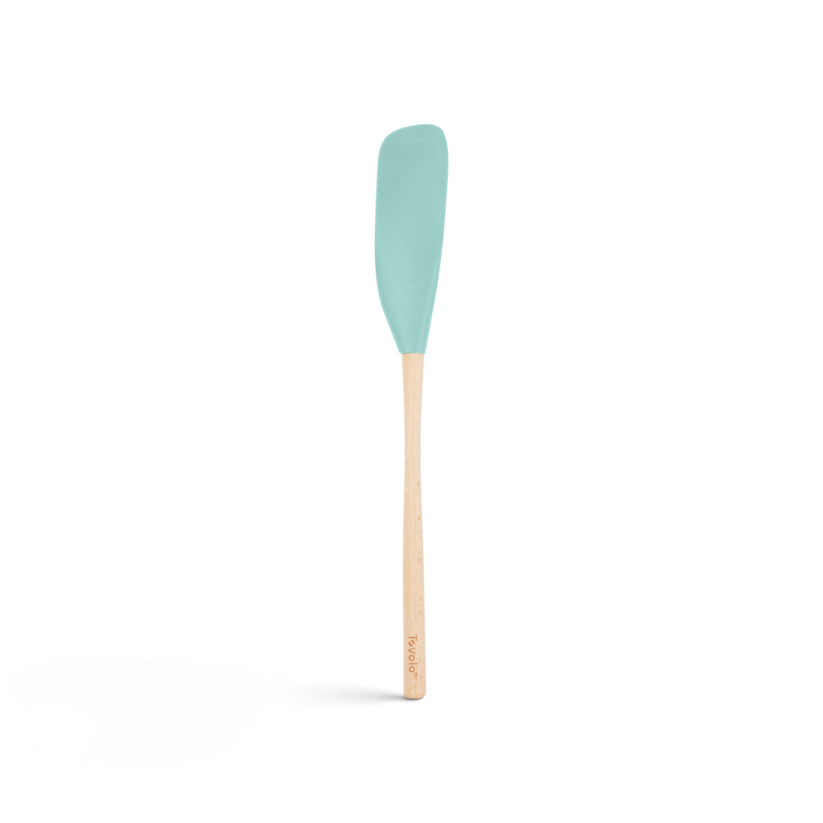 The tovolo Flex-Core Silicone Jar Scraper features a light blue silicone head and a long wooden handle, making it ideal for scraping jars. Photographed on a white background.