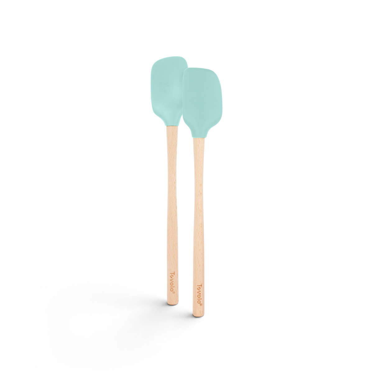 The tovolo Flex-Core Silicone Mini Spatula + Spoonula set includes two blue, heat-resistant utensils—ideal for all your cooking and baking needs.