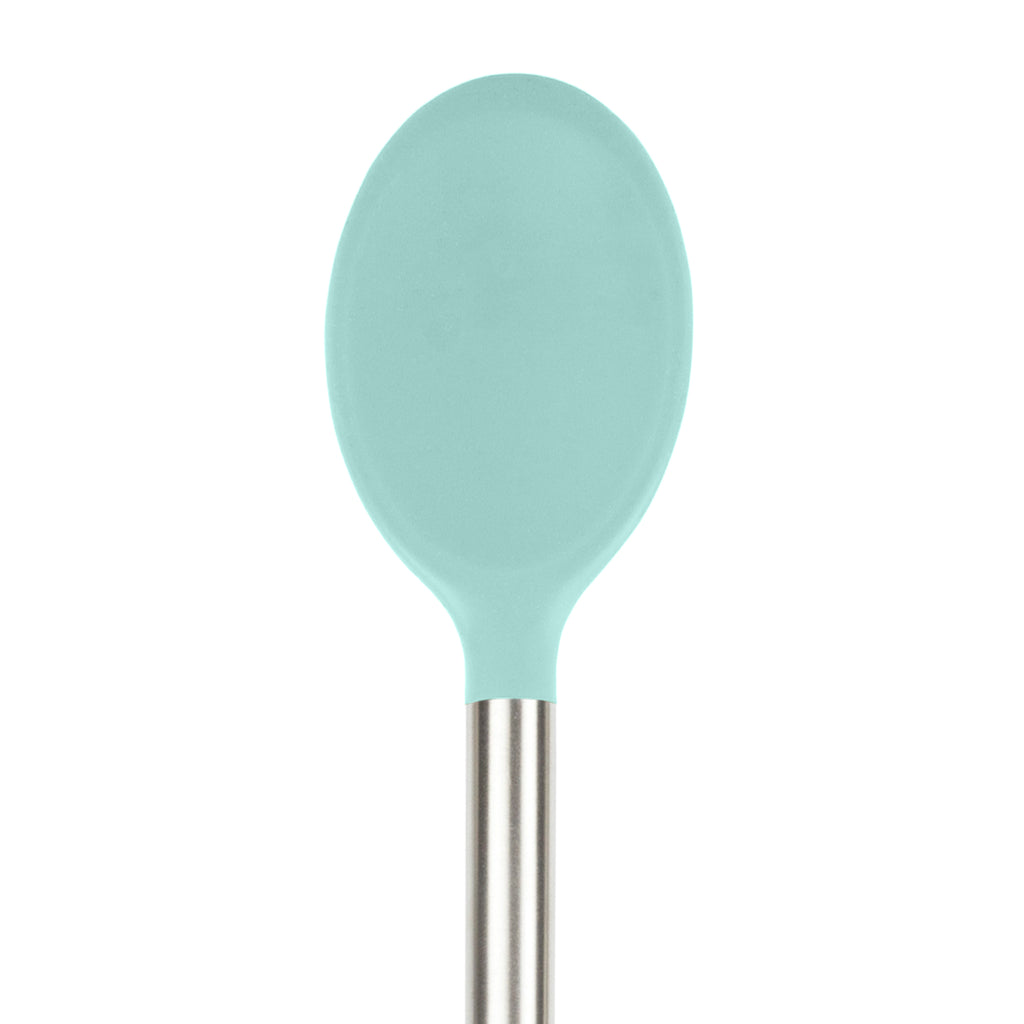 The Silicone Mixing Spoon, shown on a white background, features a round teal silicone head and a sturdy stainless steel handle for durability in the kitchen.